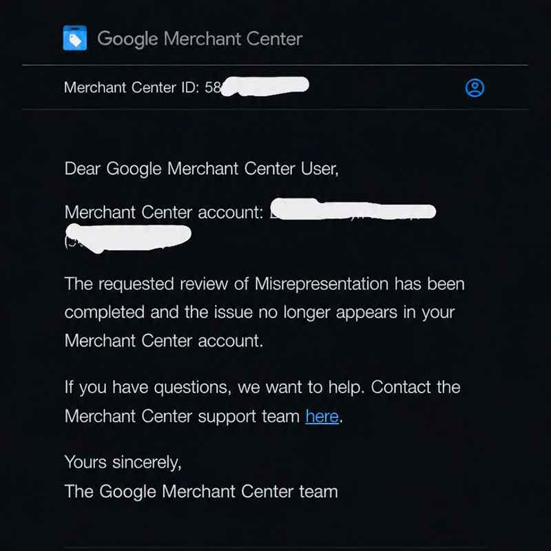 Google Merchant Center Misrepresentation Suspension
